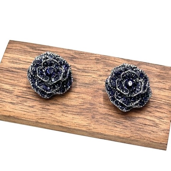 Blue Floral Gold Trim Sparkling Solid Earrings - Picture 5 of 5